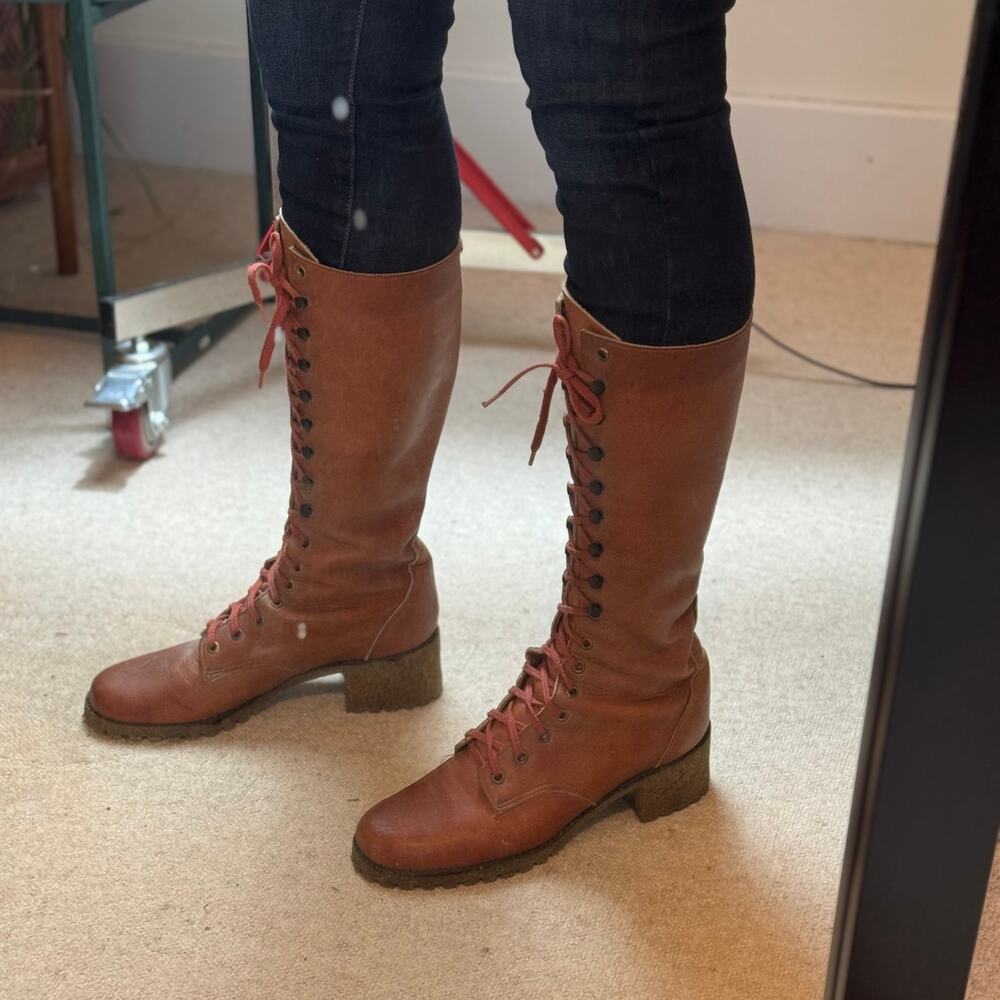 Vtg FRYE 60s 70s Women's 10 B Boots Brown Leather Lace Up Campus Stacked Heel - Picture 13 of 16